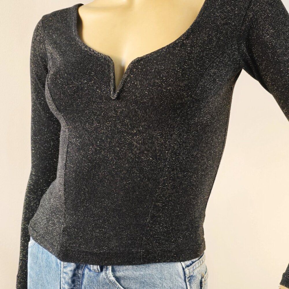 American Spirit Vintage 1970s Black Gold Metallic Bodycon Top Sz M LS Made In US